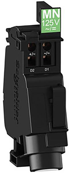 Schwarze Schneider Electric Modulkomponente mit grünem Etikett 'MN 125V' oben, zwei Anschlüsse D1 und D2 sichtbar, vertikale Ausrichtung.