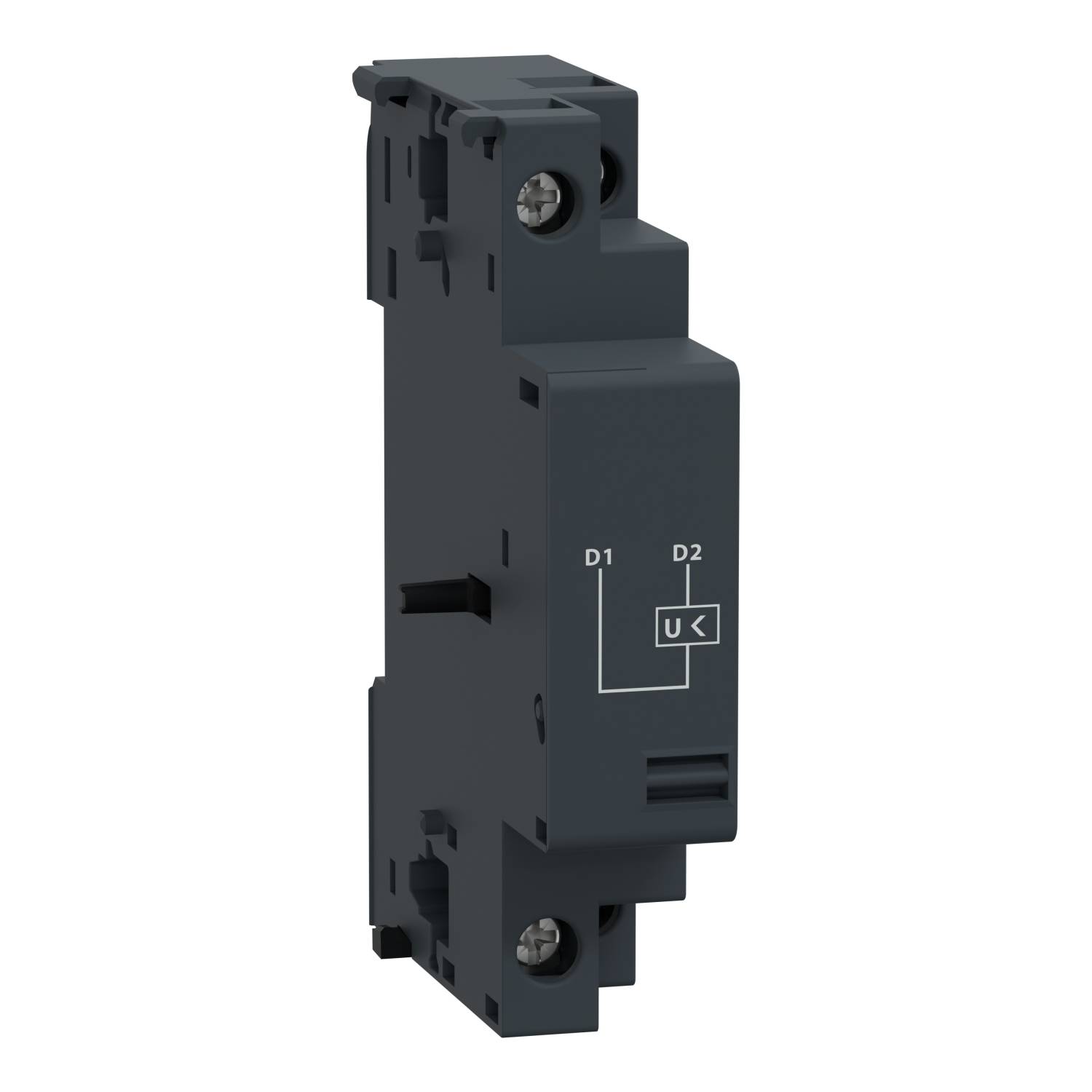 Ein schwarzer elektrischer Modulschalter mit den Beschriftungen 'D1', 'D2', und einem Schaltsymbol für Spannungsrichtung.