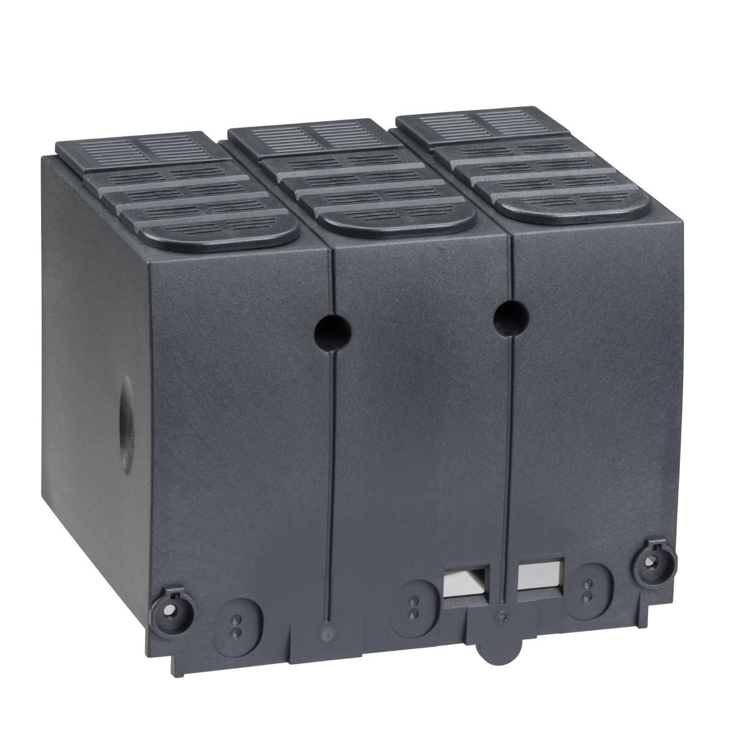 Dreifacher schwarzer Schalterblock mit geriffelter Oberseite und Löchern für Anschlusskabel, geeignet für industrielle Anwendungen.