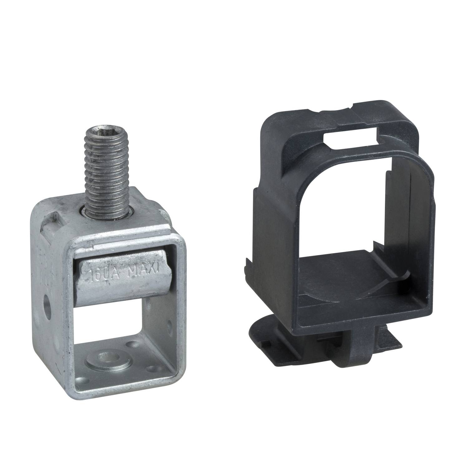 Zwei Halterungskomponenten für die Montage. Links eine silberne Metallhalterung mit Schraubengewinde, rechts eine schwarze Kunststoffhalterung.