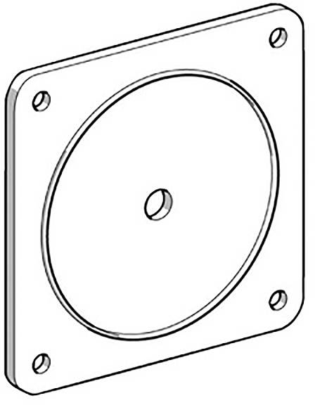 Technische Zeichnung einer quadratischen Montageplatte mit einem zentralen Loch und vier Ecklöchern.