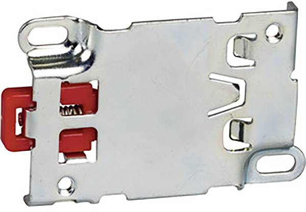 Metallische Halterung mit mehreren Befestigungslöchern und einem roten Verschlussmechanismus. Geeignet für mechanische Verbindungen.