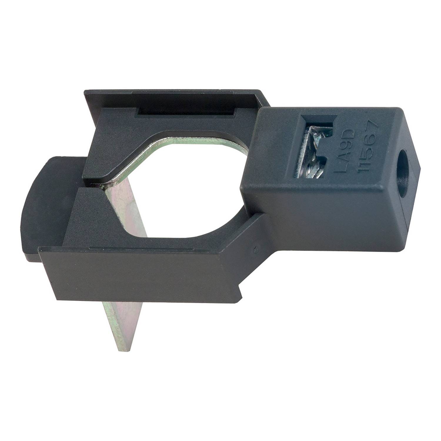 Schwarze Kunststoffhalterung mit Öffnung und Metallelement, dient zur Befestigung von Schaltern oder elektrischen Komponenten.