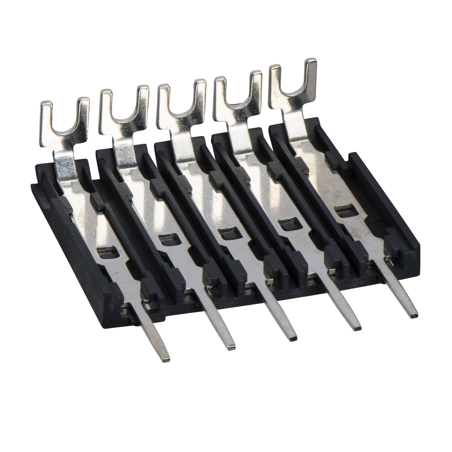 Ein 5-poliger schwarzer Steckverbinder mit Metallstiften, die in einer horizontalen Reihe auf einer schwarzen Basis angeordnet sind.