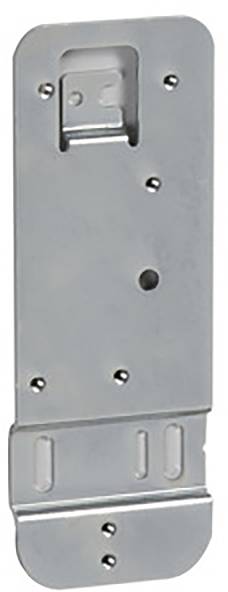 Metallische Halterungsplatte mit mehreren Bohrlöchern für Schrauben und Aussparung oben, verwendet zur Befestigung von Objekten.