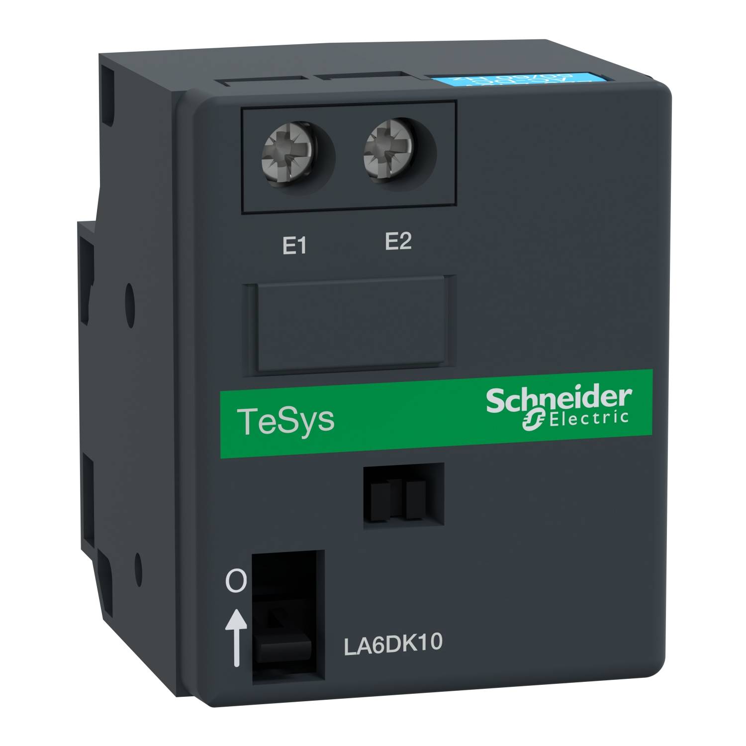 Elektronisches Zeitrelais von Schneider Electric, Modell TeSys mit den Anschlüssen E1 und E2.