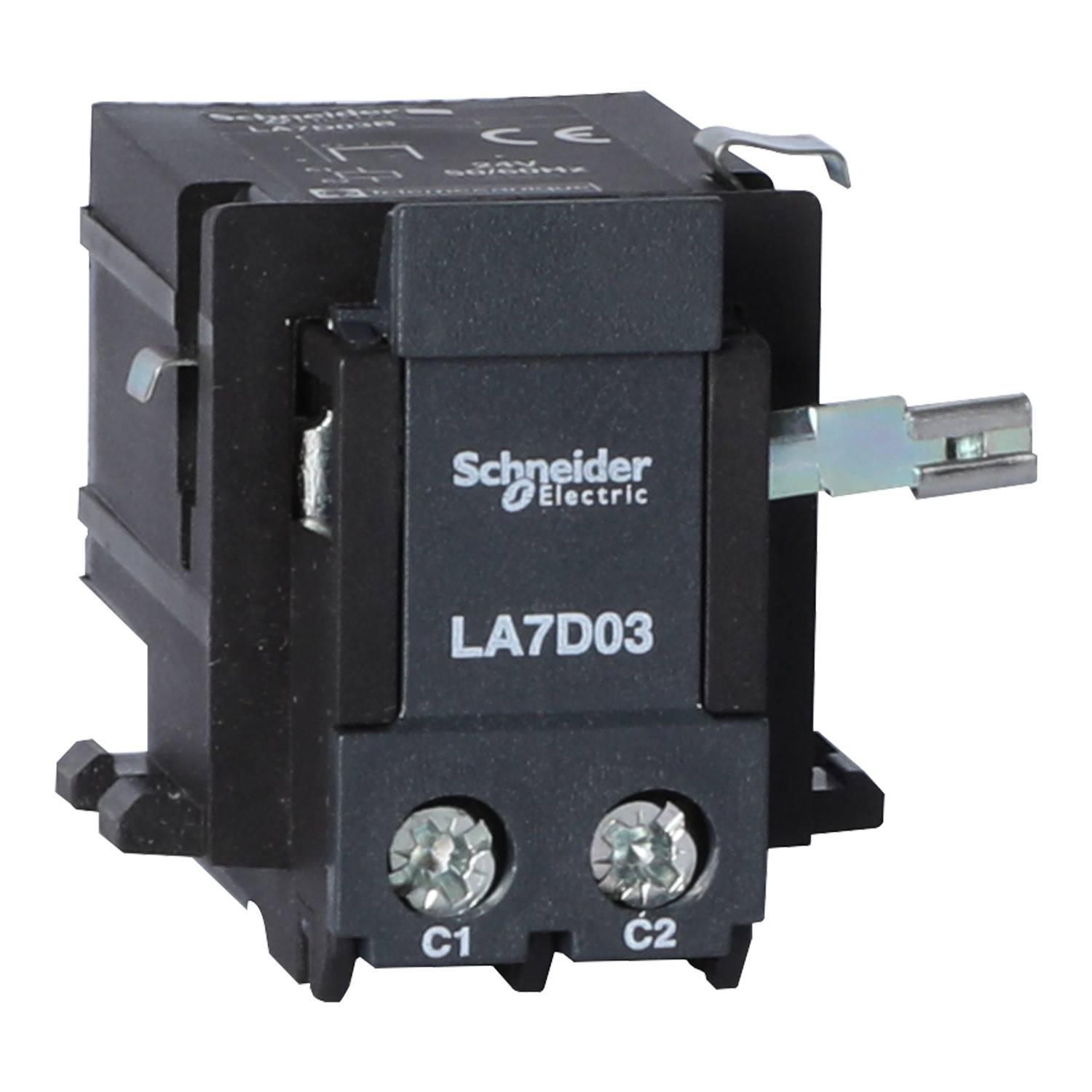 Ein schwarzer Schütz von Schneider Electric, Modell 'LA7D03', mit zwei Anschlüssen, etikettiert mit C1 und C2.