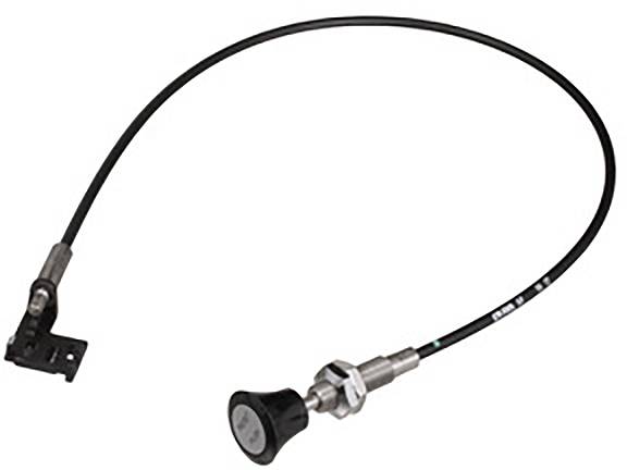 Stahlseil mit Knauf an einem Ende, möglicherweise für Maschinensteuerung oder Seilzüge verwendet.