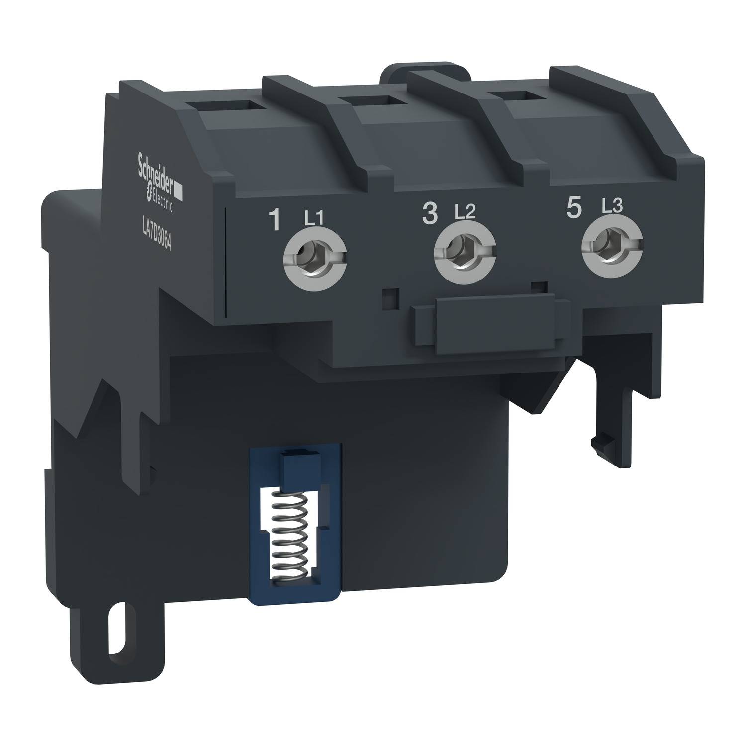 Schwarzes elektrisches Bauteil mit drei nummerierten Klemmen '1 L1', '3 L2', '5 L3' von Schneider Electric.