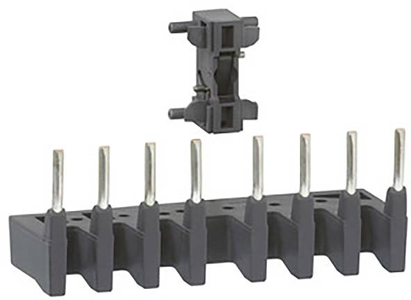 Verteilerblock mit sieben metallischen Anschlüssen und abnehmbarem schwarzem Gehäuse, geeignet für elektrische Verbindungen.