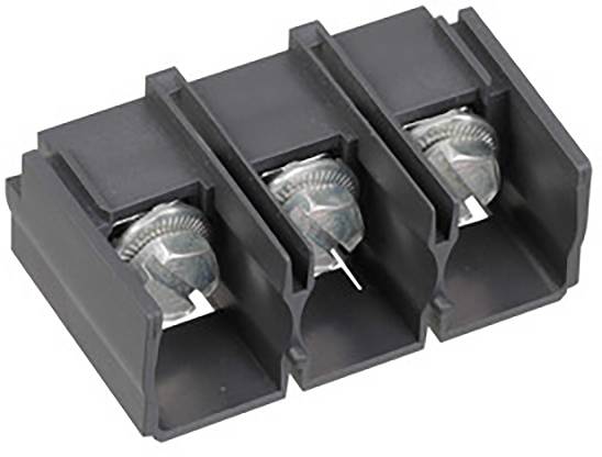 Ein dreipoliger Kabelklemmenblock in rechtwinkligem Design mit Metallschrauben zur Befestigung der Kabel. Geeignet für elektrische Verbindungen.