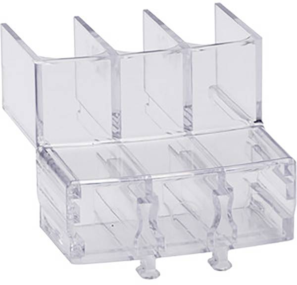 Ein transparentes, rechteckiges Kunststoffregal mit drei Schlitzen zur Aufbewahrung oder Organisation kleinerer Gegenstände.