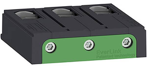 Dargestellt ist ein rechteckiges elektrisches Bauteil mit drei Schraubverbindungen und einer grünen Vorderseite mit der Aufschrift 'EverLink Patented Technology'.