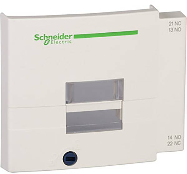 Ein weißer elektrischer Schalter von Schneider Electric, mit zwei Reihen von Anschlüssen rechts beschriftet als '21 NO', '13 NC' oben und '14 NO', '22 NC' unten.