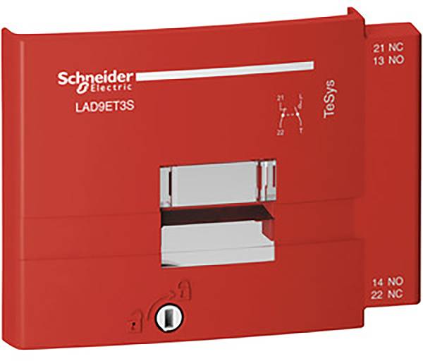 Rotes Schütz-Zubehör von Schneider Electric, Modell LAD9ET3S, mit Beschriftung und zwei identifizierbaren Schaltern.