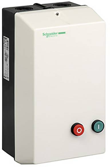 Ein weißes Steuergerät mit einem roten und einem grünen Knopf an der Vorderseite. Oben ist das Schneider Electric-Logo sichtbar.