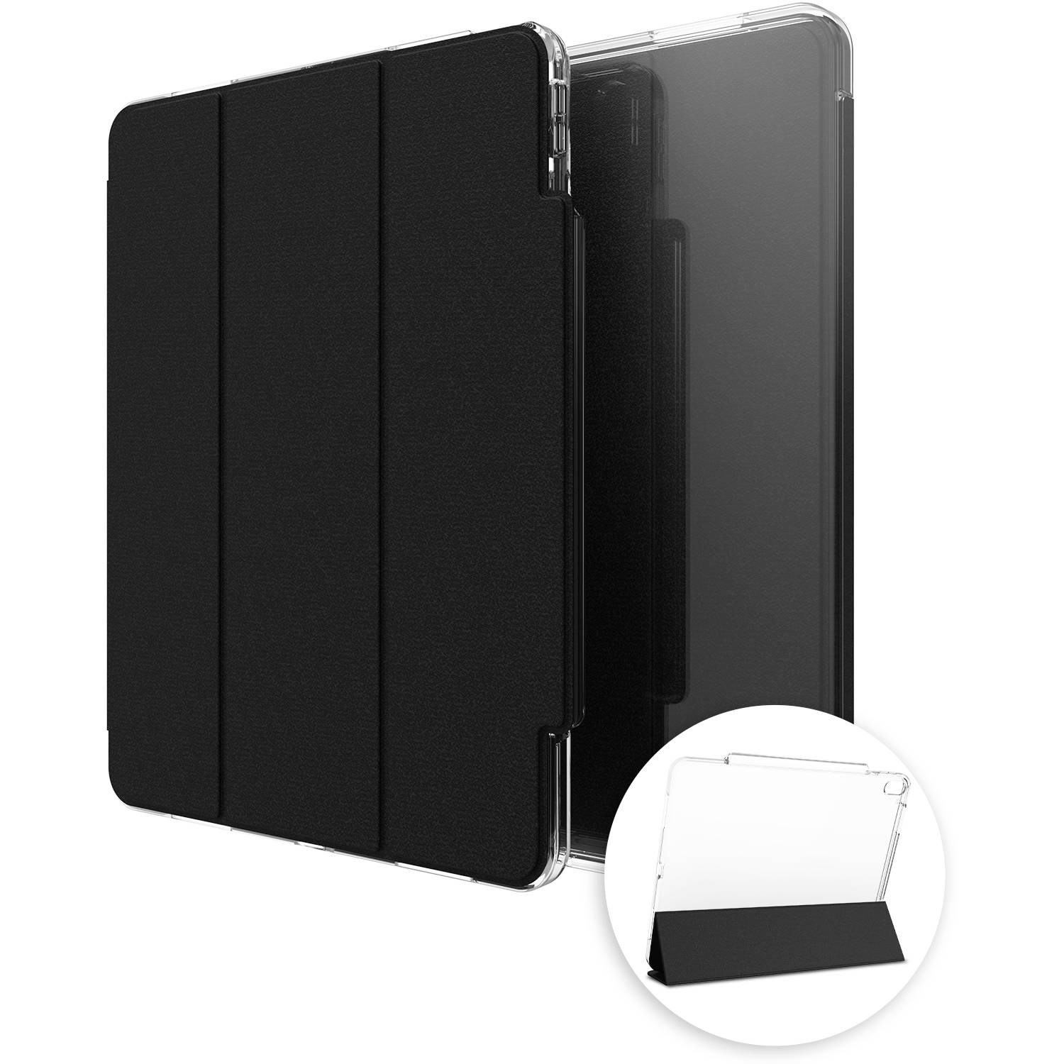 Schwarzes Tablet-Case mit dreiteiligem Faltcover und transparentem Rückteil. Kleine Abbildung zeigt Case in aufrechter Position.