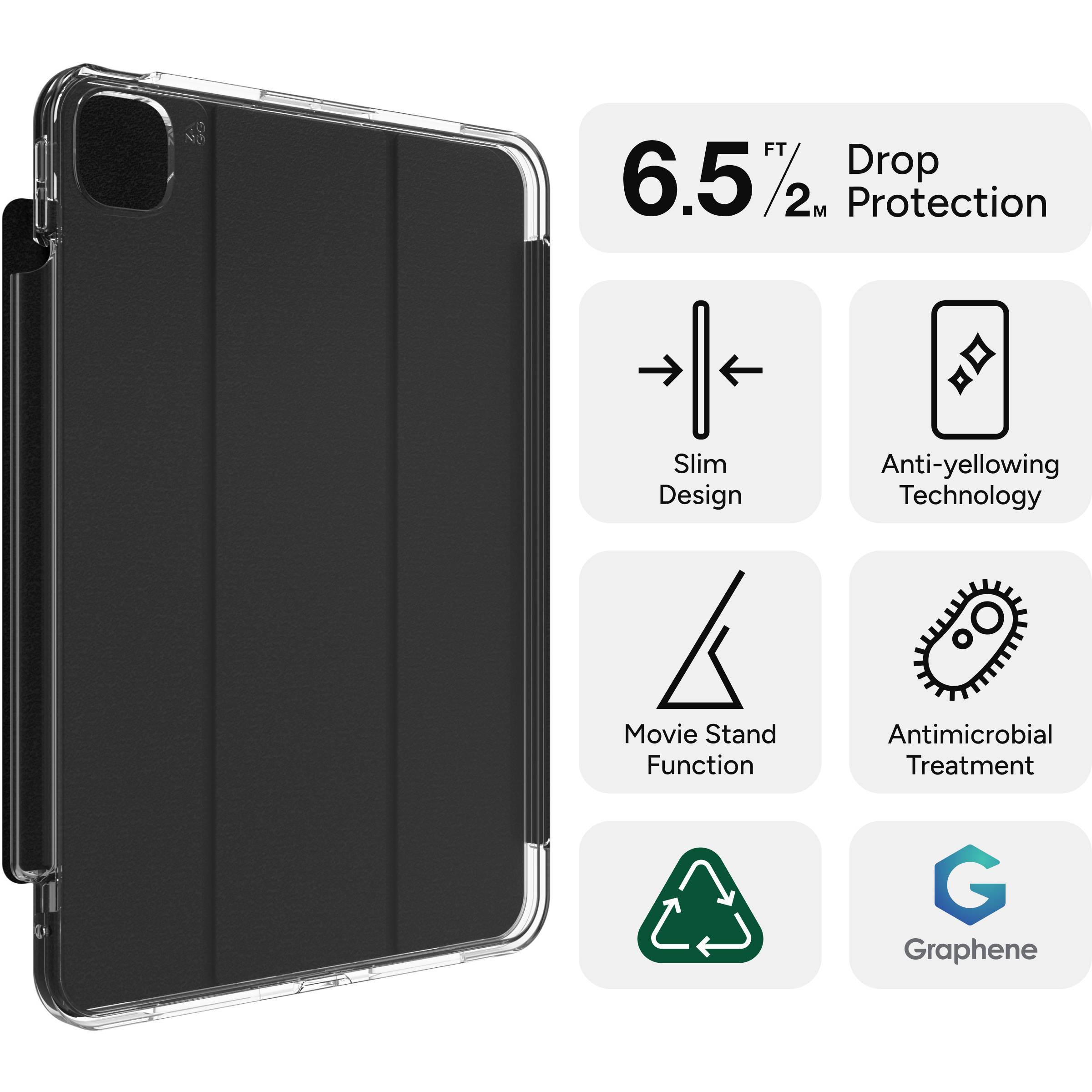 Schwarzes Tablet-Case mit 2m Sturzschutz, schlankem Design und Anti-Vergilbung. Funktionen: Filmständer, antimikrobiell. Graphen-Material.