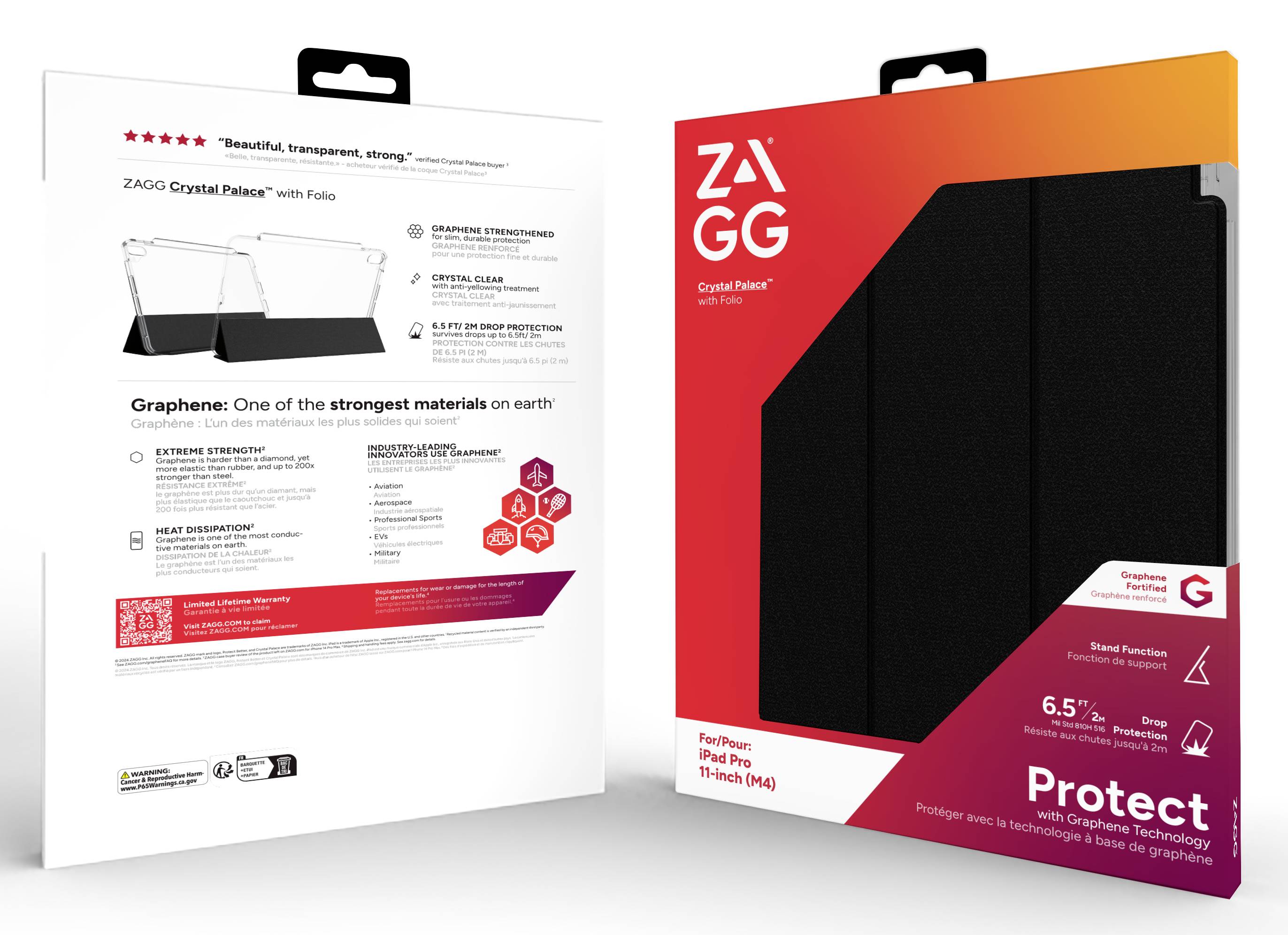 'ZAGG Crystal Palace' Tablet-Schutzhülle Verpackung. Zeigt Produkteigenschaften: Graphene, Stoßfestigkeit, passend für iPad Pro 11 Zoll.