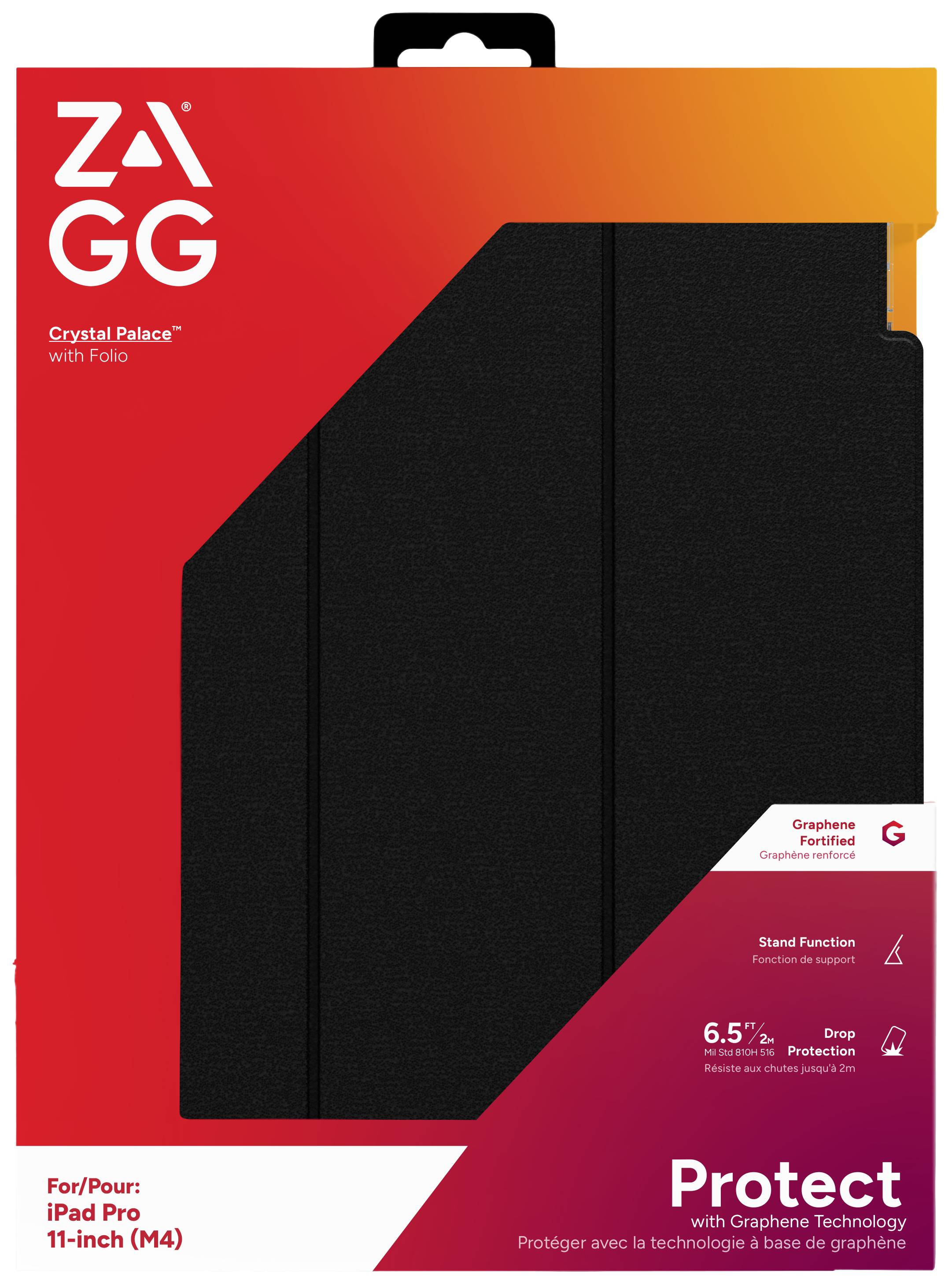 Verpackung eines ZAGG Crystal Palace Schutzhülle für iPad Pro 11-Zoll (4. Generation) in Schwarz, mit Ständer, 6,5-Fuß Sturzschutz.