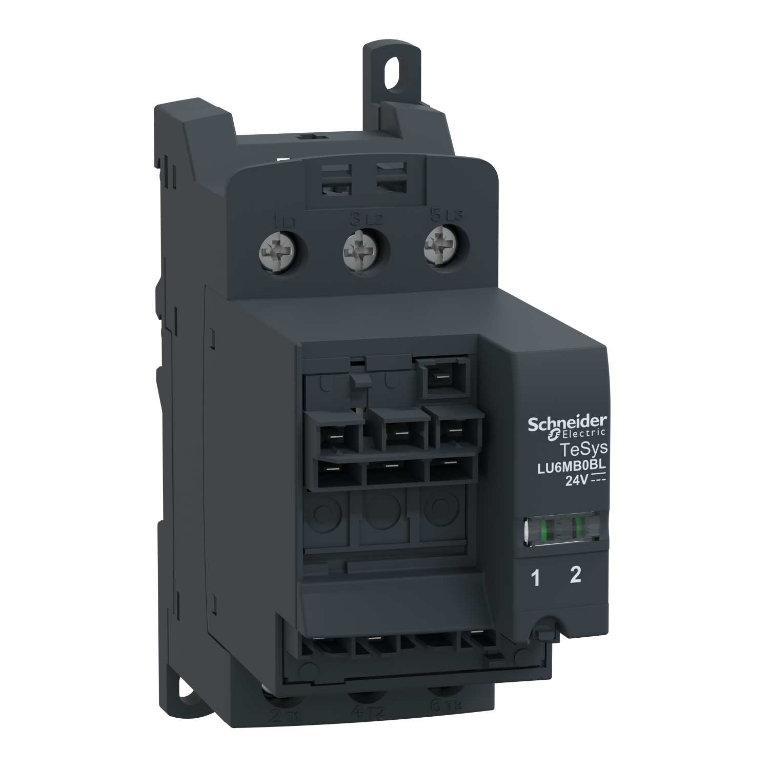 Ein schwarzer Leistungsschalter von 'Schneider Electric TeSys LUGM80BL 24V', geeignet für Industriezwecke, mit Schraubanschlüssen.