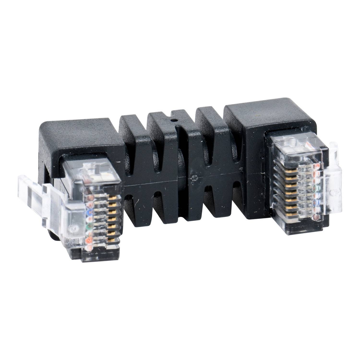 Ein schwarzer Netzwerkadapter mit zwei RJ45-Anschlüssen auf beiden Seiten, verwendet zur Verbindung von Ethernet-Kabeln.