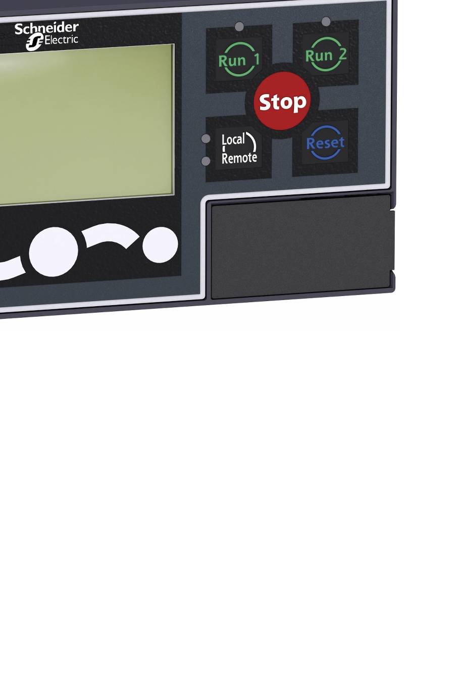 Elektronische Steuerungseinheit mit einem Display und Bedienelementen, darunter 'Start' und 'Stop', von Schneider Electric.