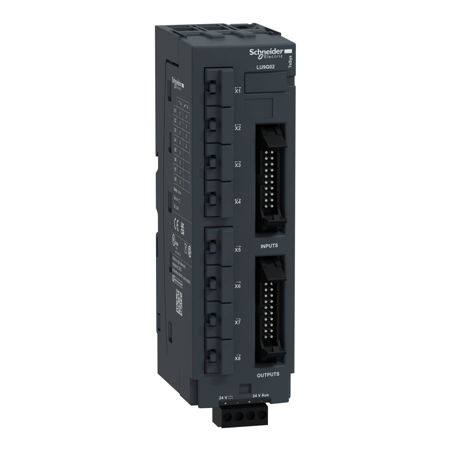 Ein Schneider Electric Gerät, bezeichnet als 'LUFG22', zeigt mehrere Anschlüsse für Eingänge und Ausgänge an der Vorderseite.