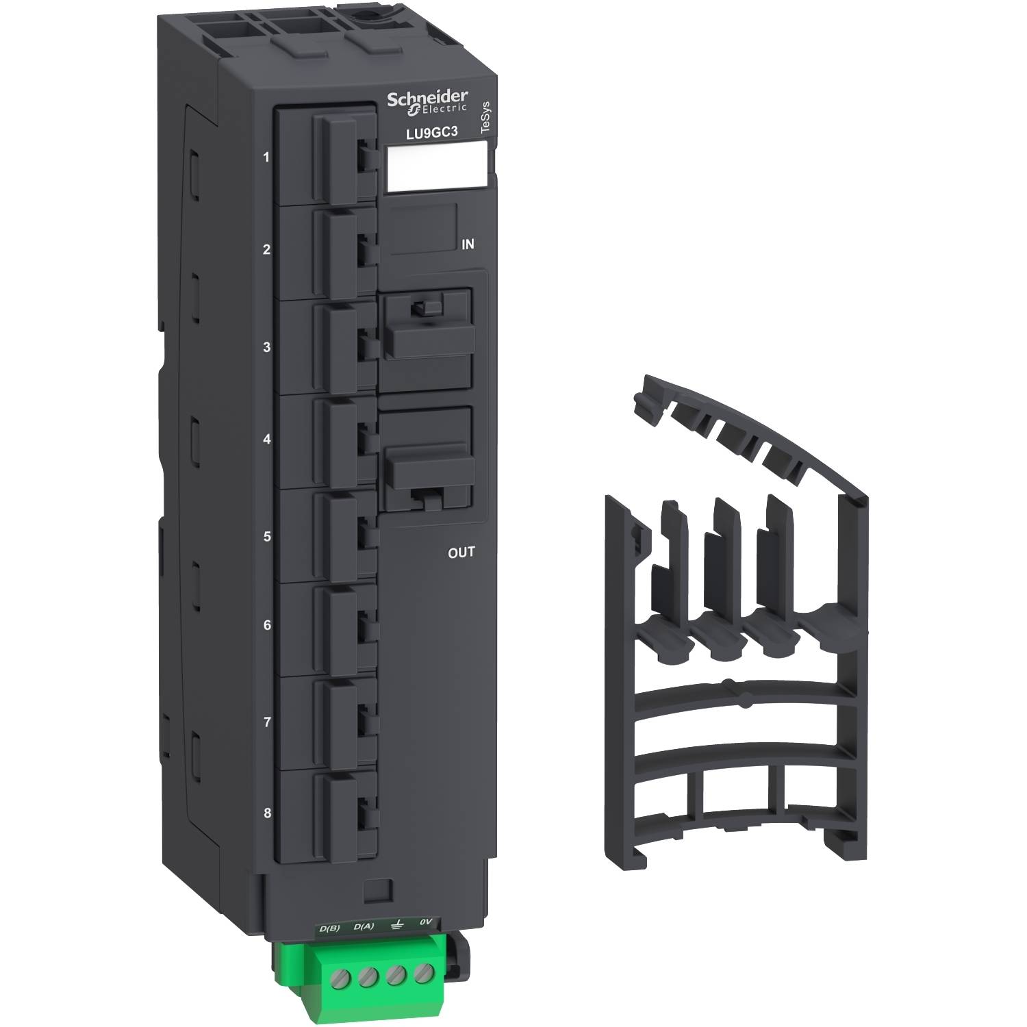 Ein modularer elektronischer Schalter von Schneider Electric mit abnehmbaren Komponenten und Kabelanschlüssen, darauf steht 'LUGGC3'.