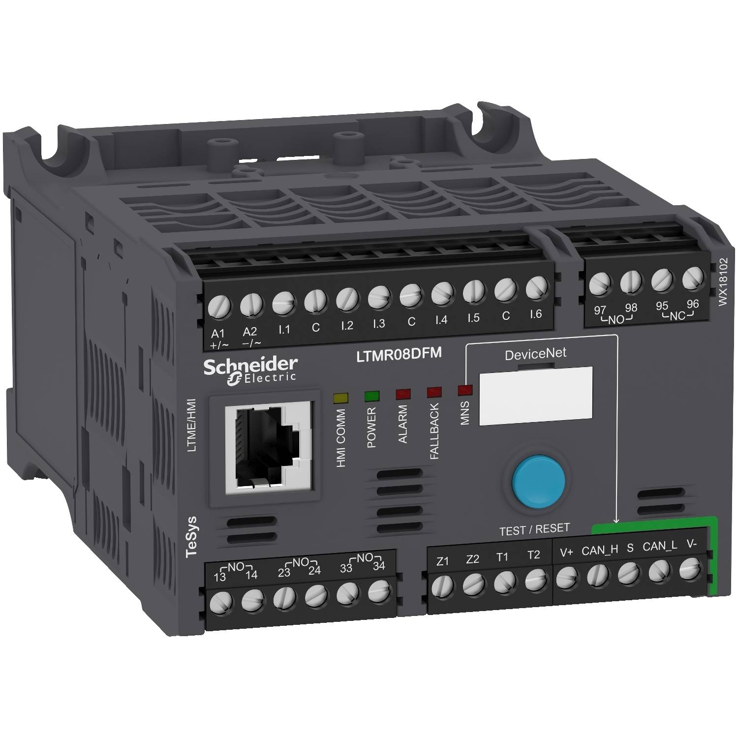 Ein grauer Schneider Electric LTM R08DFM Modbus-Kommunikationsmodul mit mehreren Anschlussklemmen und einem Reset-Knopf.