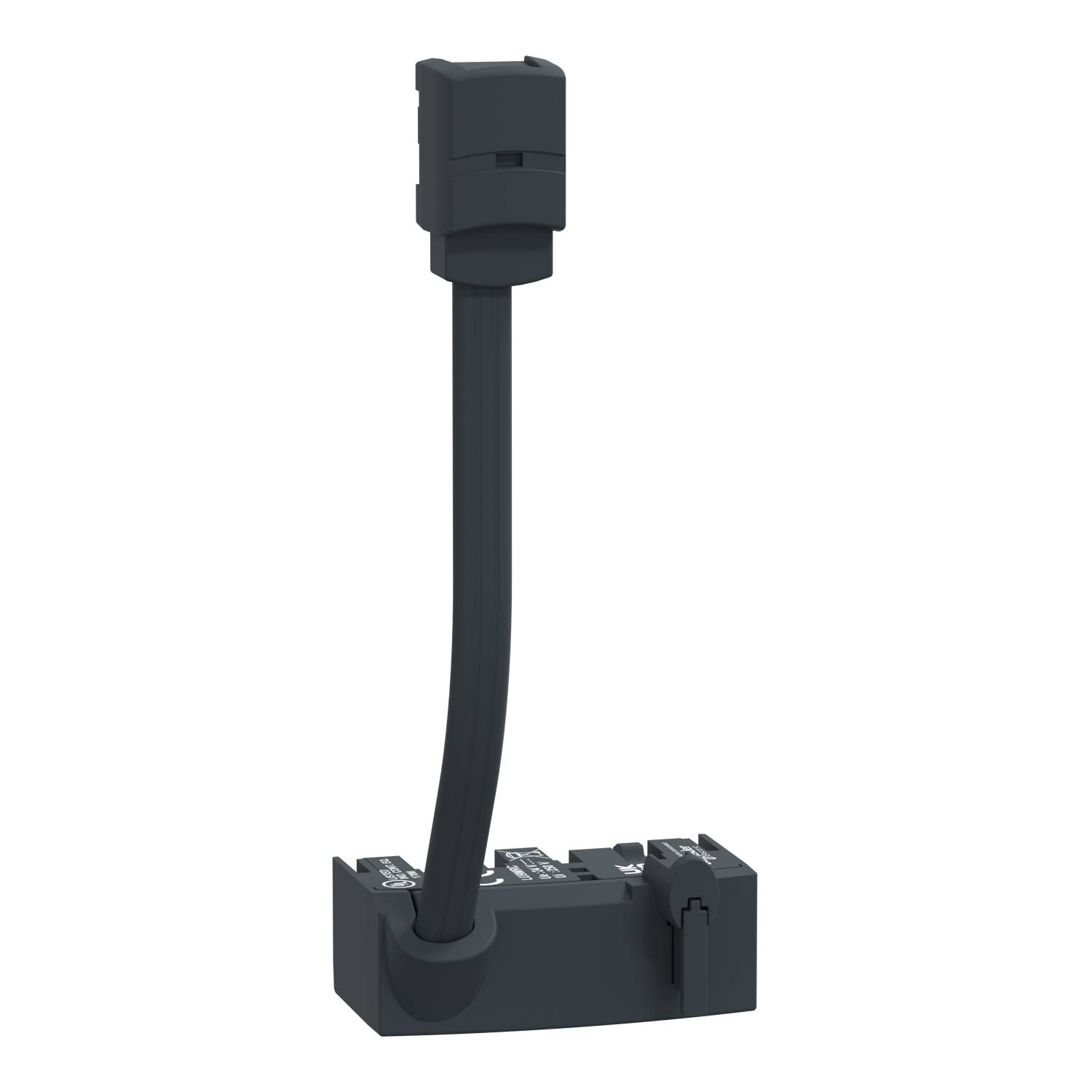 Elektrisches Bauteil mit flexiblem schwarzen Kabel, an einem Anschlussblock befestigt, in moderner, industrieller Umgebung.
