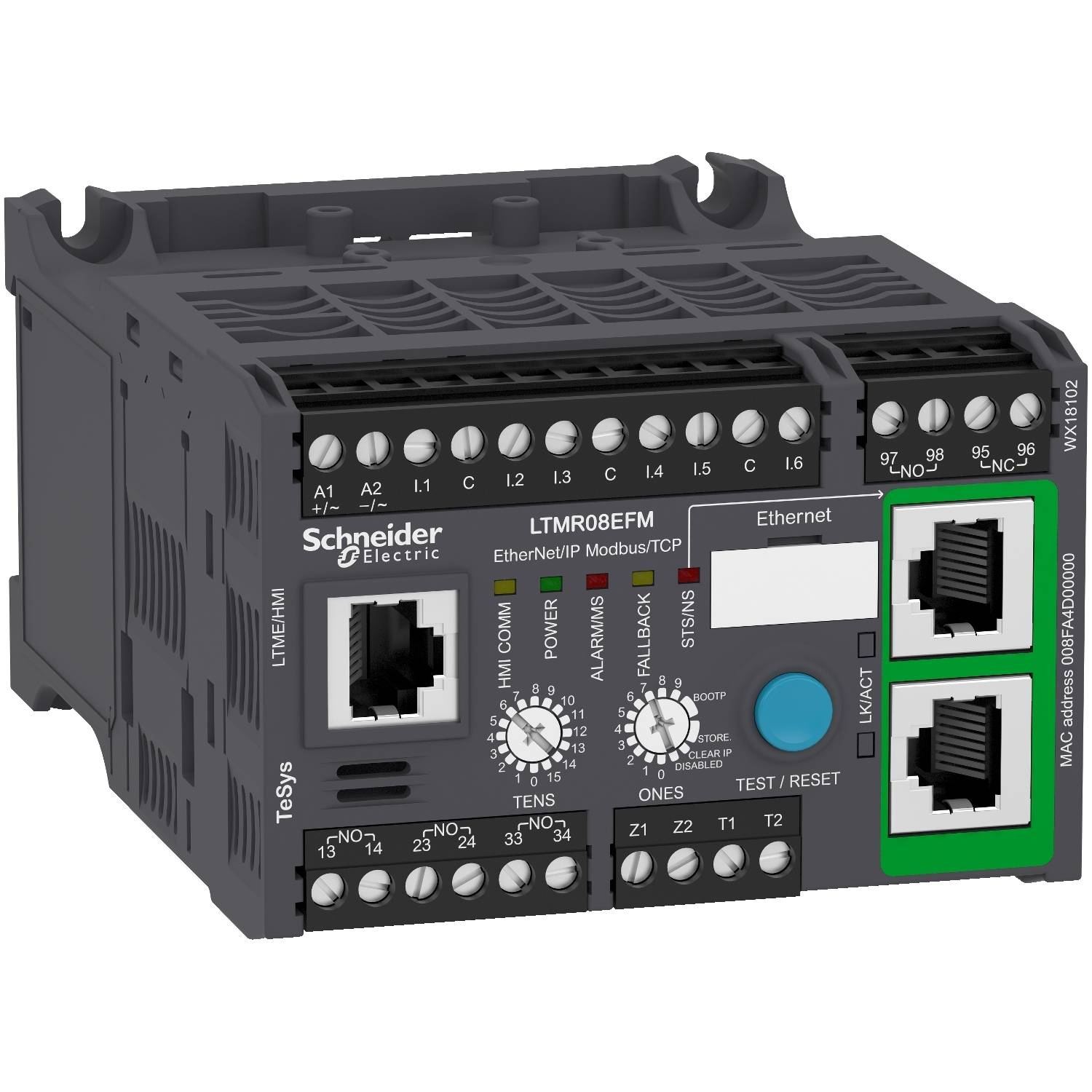 Industrieller Steuerungsmodul von Schneider Electric mit Ethernet-Anschlüssen, Modbus TCP-Kompatibilität und diversen Statusanzeigen.