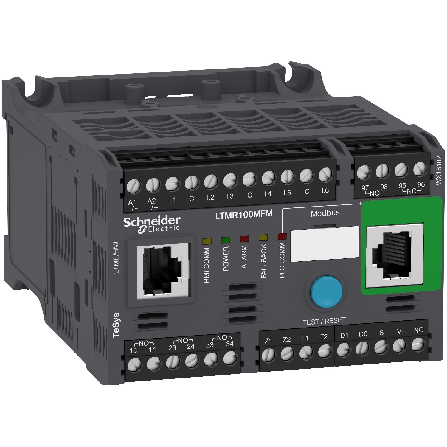 Ein grauer Schneider Electric LTM R100 Gerät, zeigt Netzwerkkabelanschlüsse, Tasten für Power, Alarm, Feedback sowie diverse Anschlussmöglichkeiten.