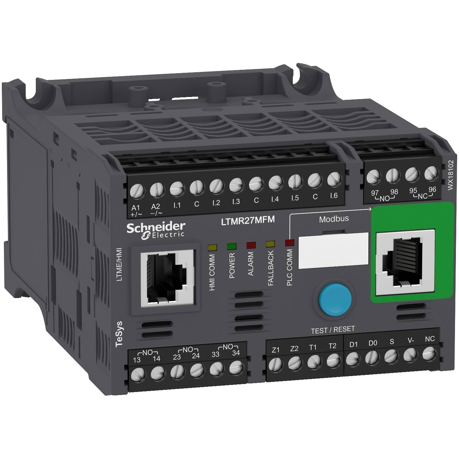 Schneider Electric LTMR27MFM Steuerrelais mit mehreren Anschlüssen, Power und Modbus-Anzeige, Test/Reset-Knopf.