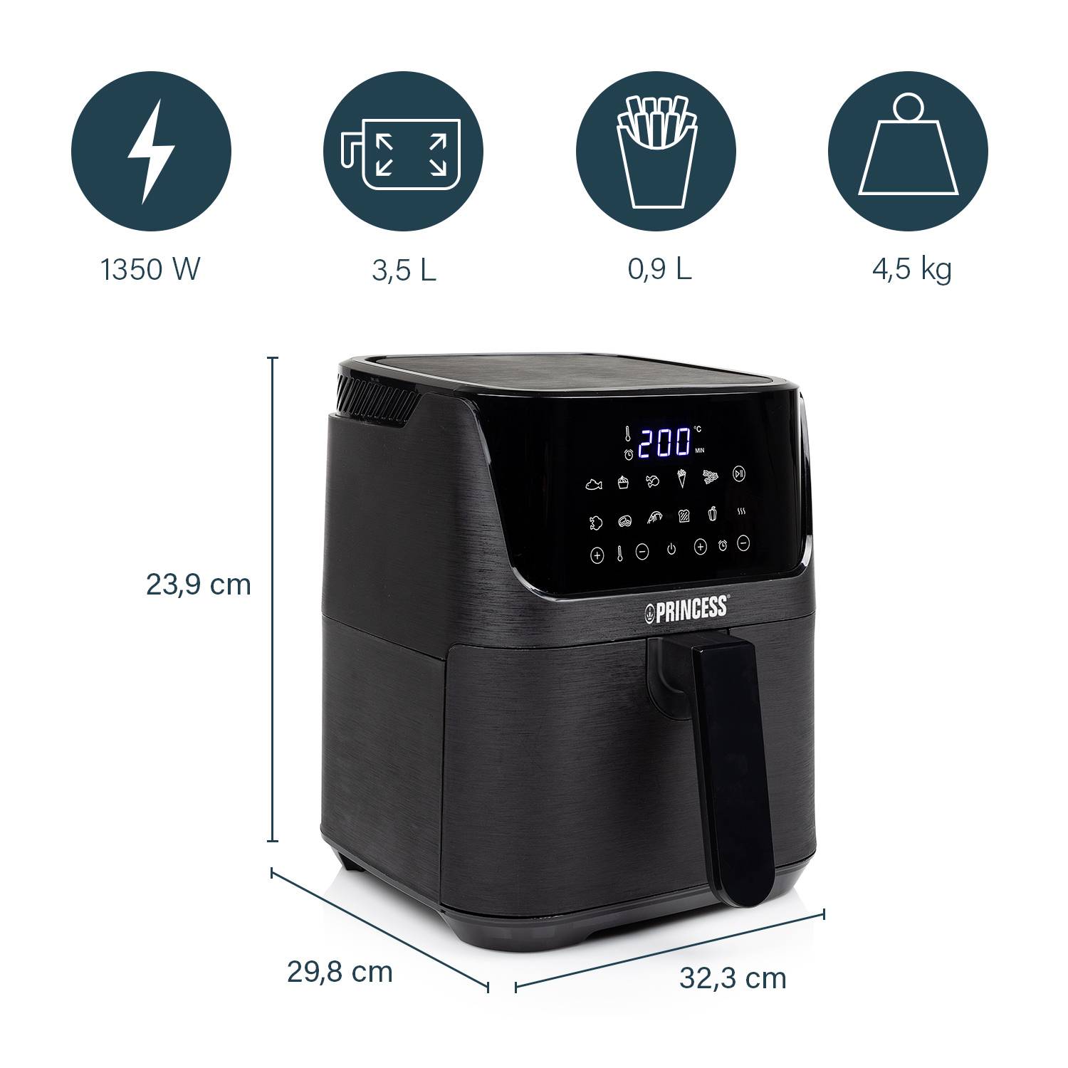 Schwarze Heißluftfritteuse, 3,5 L Kapazität, 1350 W. Zeigt Bedienfeld mit Tasten. Maße: 23,9 cm Höhe, 29,8 cm Tiefe, 32,3 cm Breite.