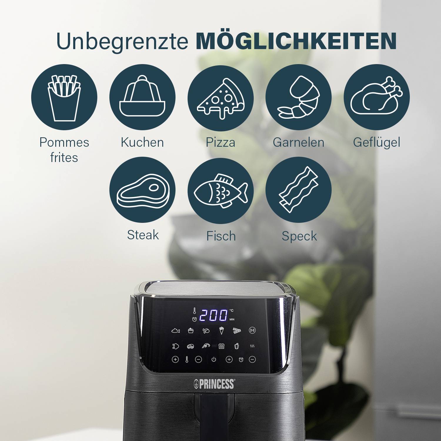 Eine Heißluftfritteuse mit digitalem Display zeigt '200°'. Oben Symbole für Pommes, Kuchen, Pizza, Garnelen, Geflügel, Steak, Fisch, Speck. Text: 'Unbegrenzte MÖGLICHKEITEN'.
