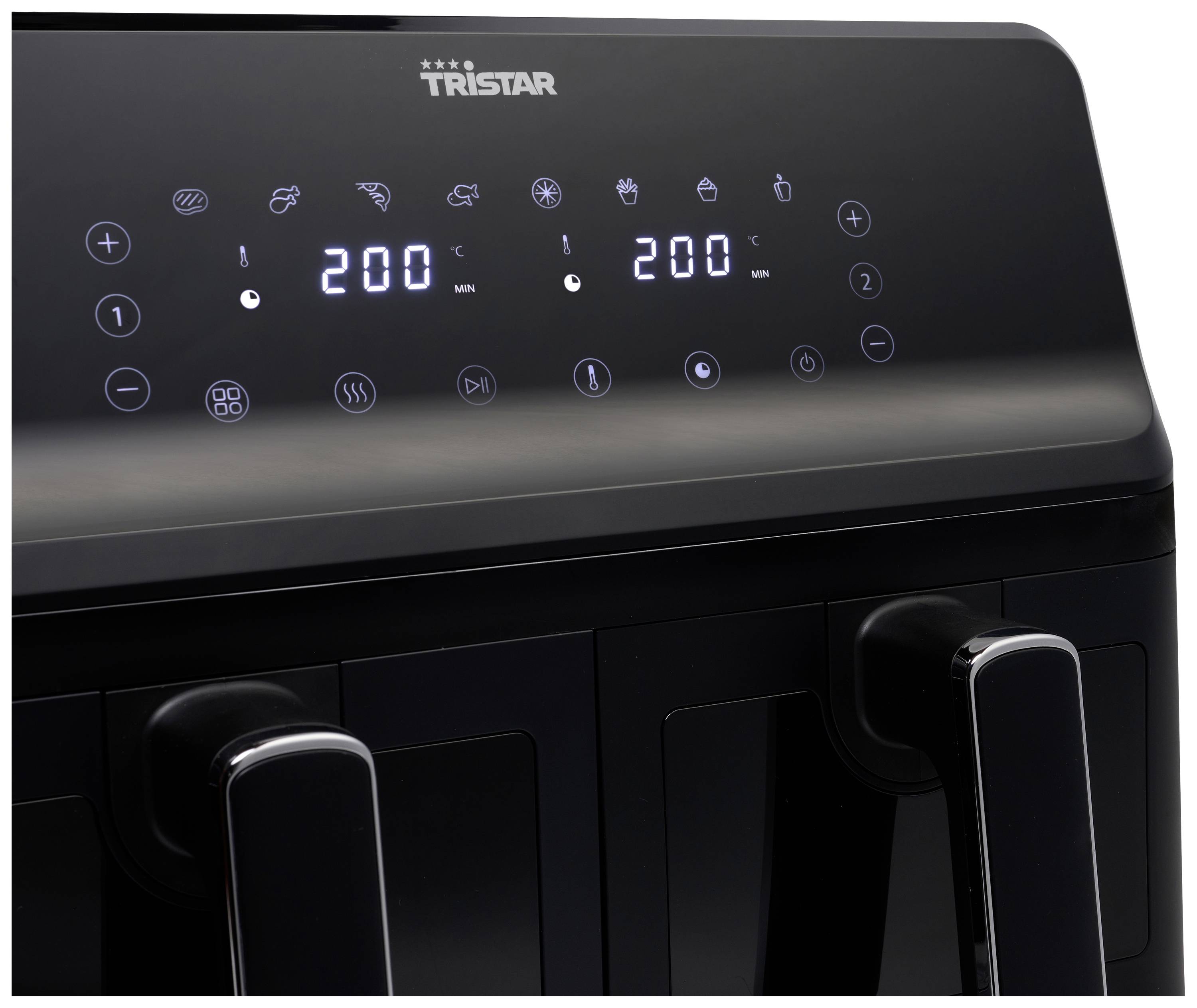 Ein digitaler Küchenofen mit zwei Bedienelementen zeigt eine Temperaturanzeige von 200 Grad für zwei separate Fächer.