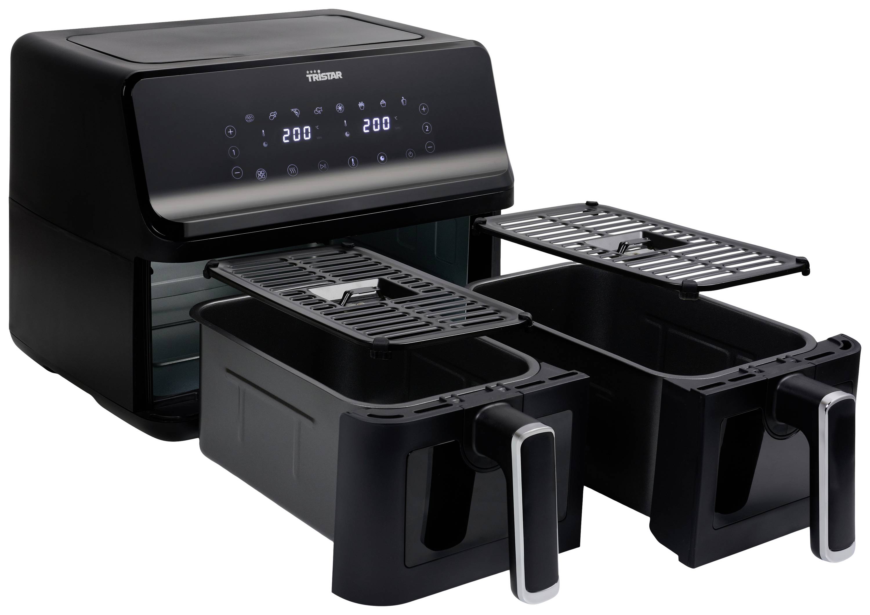 Ein schwarzer Airfryer mit zwei herausnehmbaren Frittierkörben und digitalem Bedienfeld. Auf dem Display sind Temperaturen sichtbar.