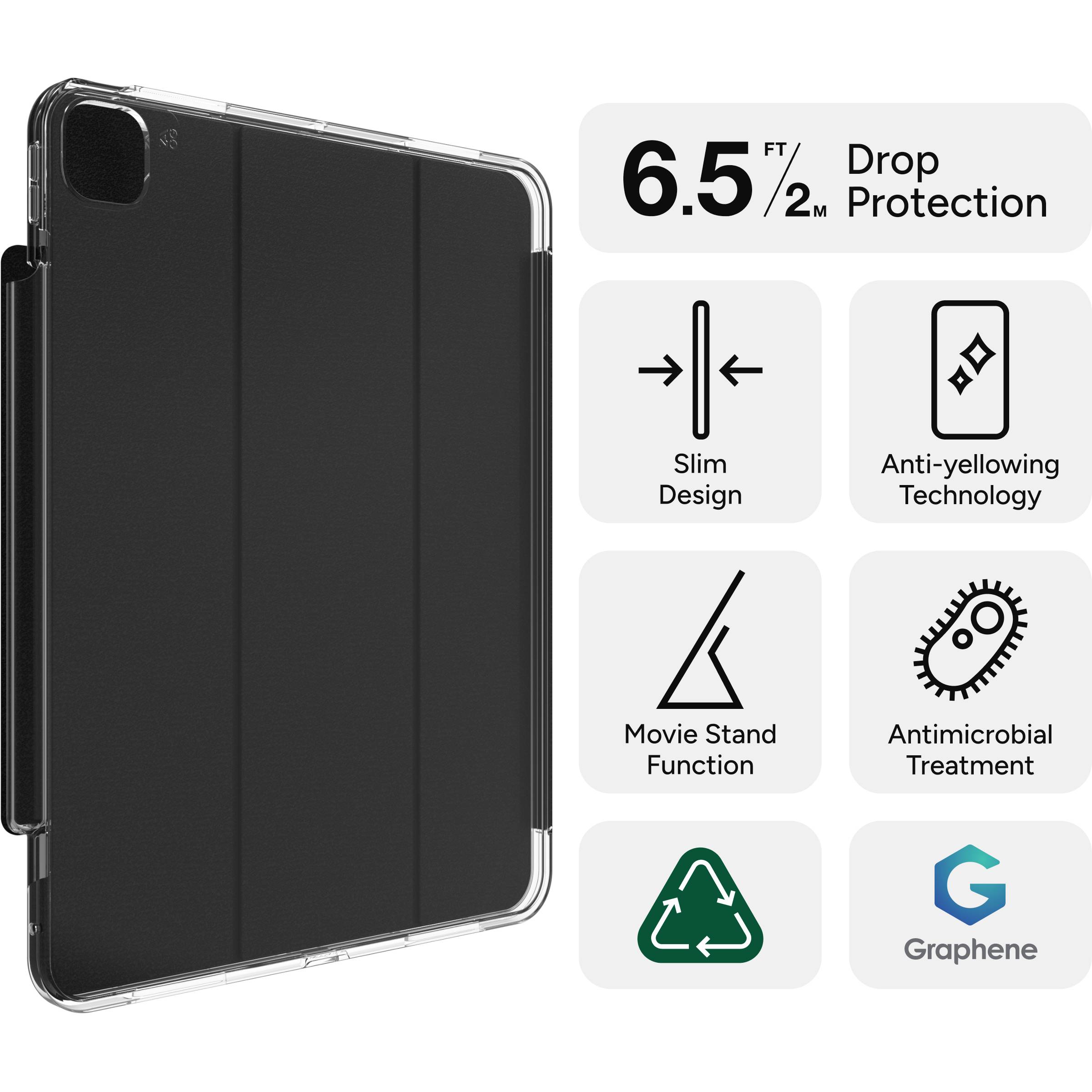 Tablet-Hülle mit schwarzem, schlankem Design. Bietet Fallschutz bis 2 Meter, Anti-Vergilbung, antimikrobielle Behandlung und Graphen-Technologie.