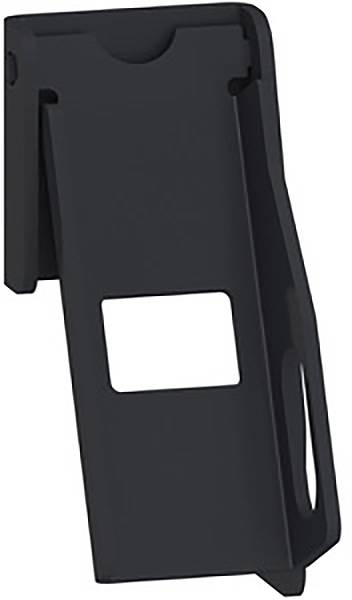 Schwarzer Plastikclip in vertikaler Position, mit rechteckiger Öffnung in der Mitte.