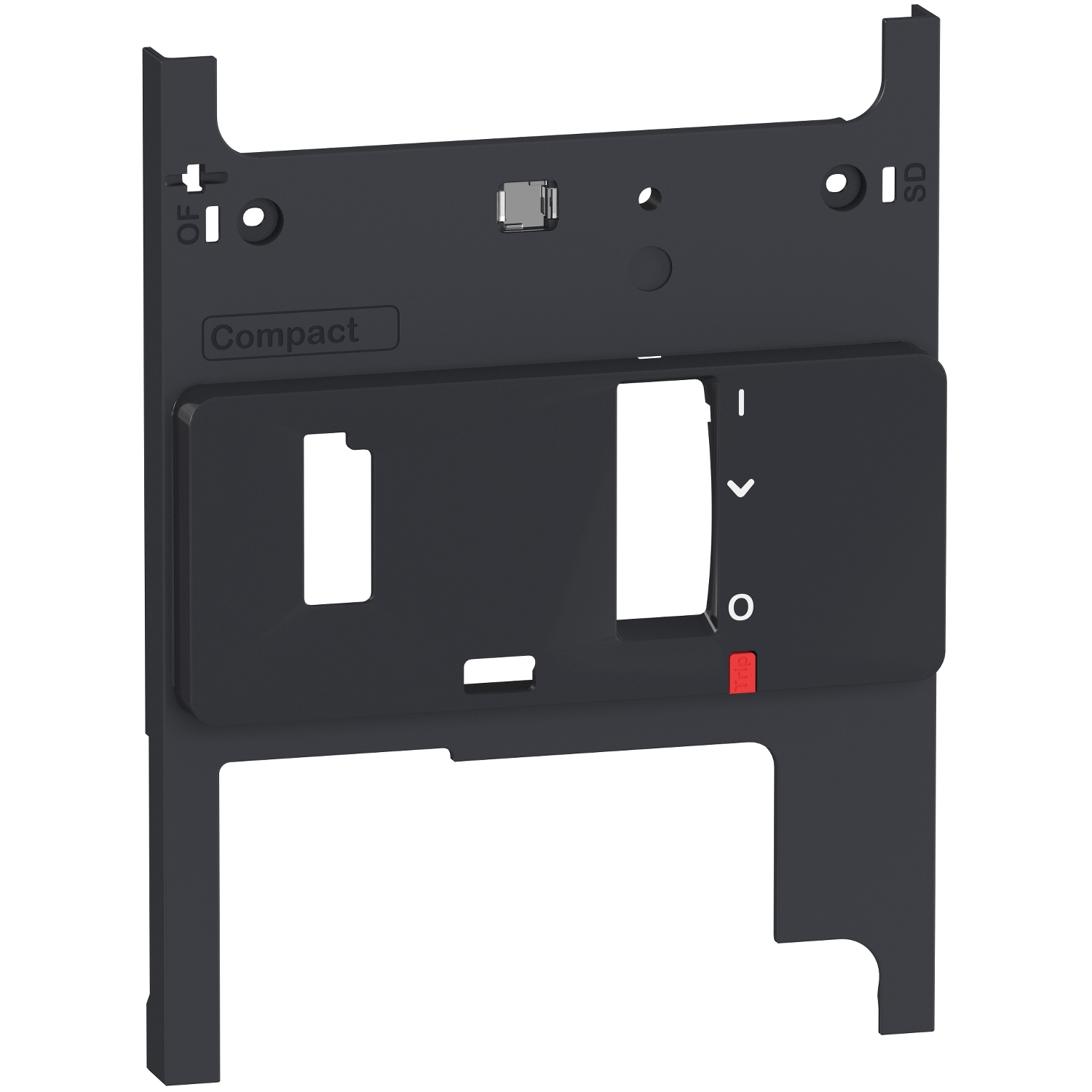 Schwarzes, rechteckiges Montagegerät mit verschiedenen Ausschnitten und Aufschrift 'Compact', bietet Platz für Komponentenbefestigung.