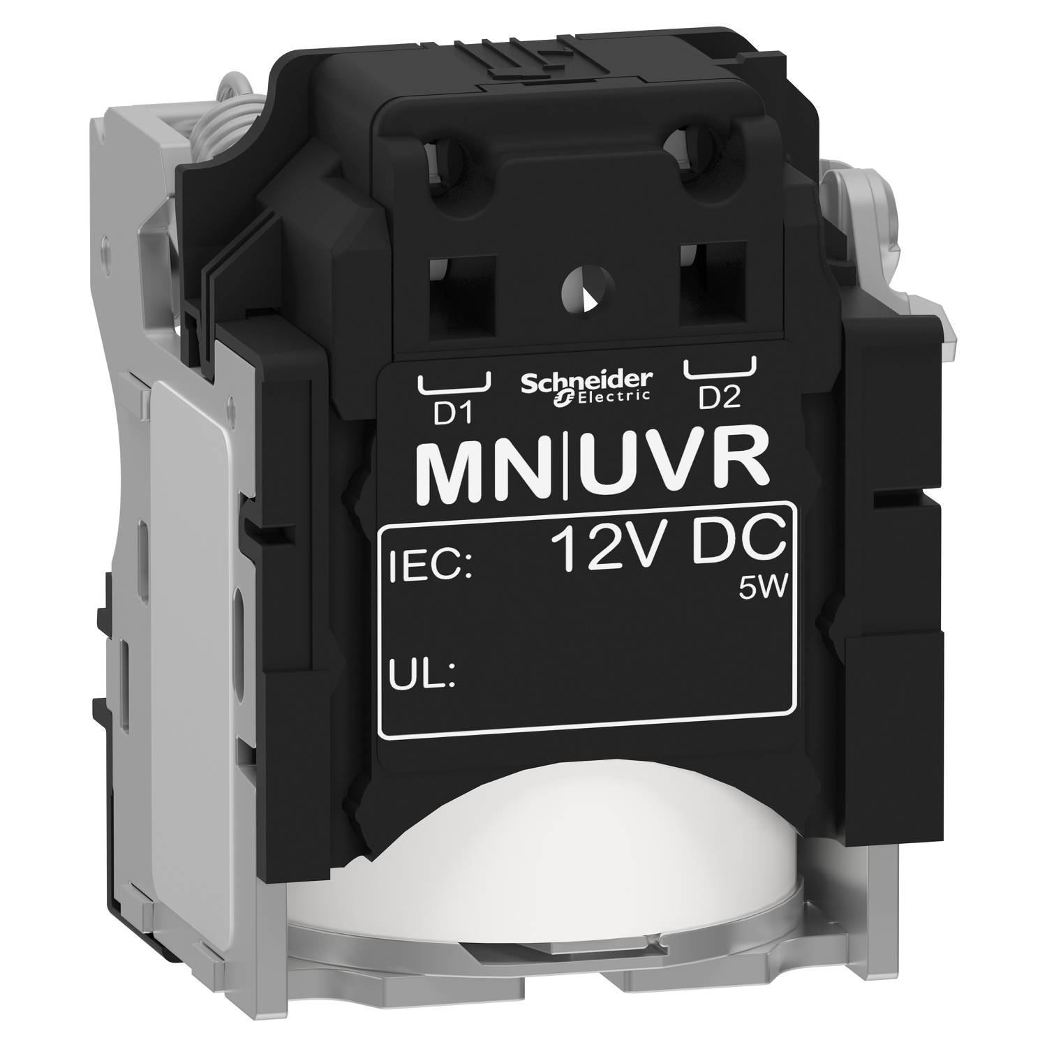 Elektrisches Relais von Schneider Electric, Beschriftung 'MNIUVR 12V DC 5W', geeignet für DC-Anwendungen.