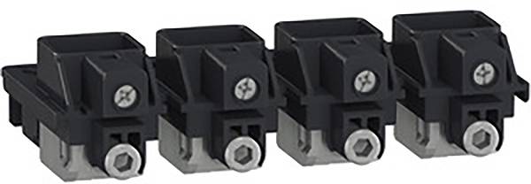 Vier schwarze elektrische Komponenten mit Metallschrauben in einer Reihe auf weißem Hintergrund.