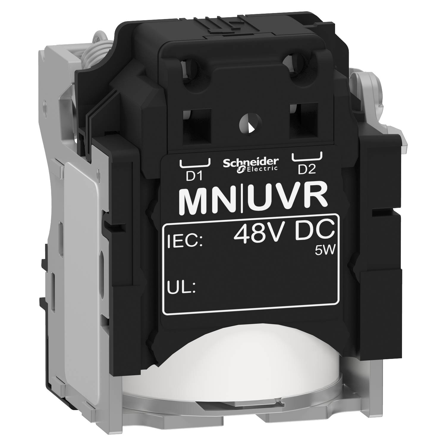 Ein elektronisches Gerät mit der Aufschrift 'Schneider Electric MN1UVR IEC 48V DC 5W UL'. Hauptsächlich in Schwarz und Grau.