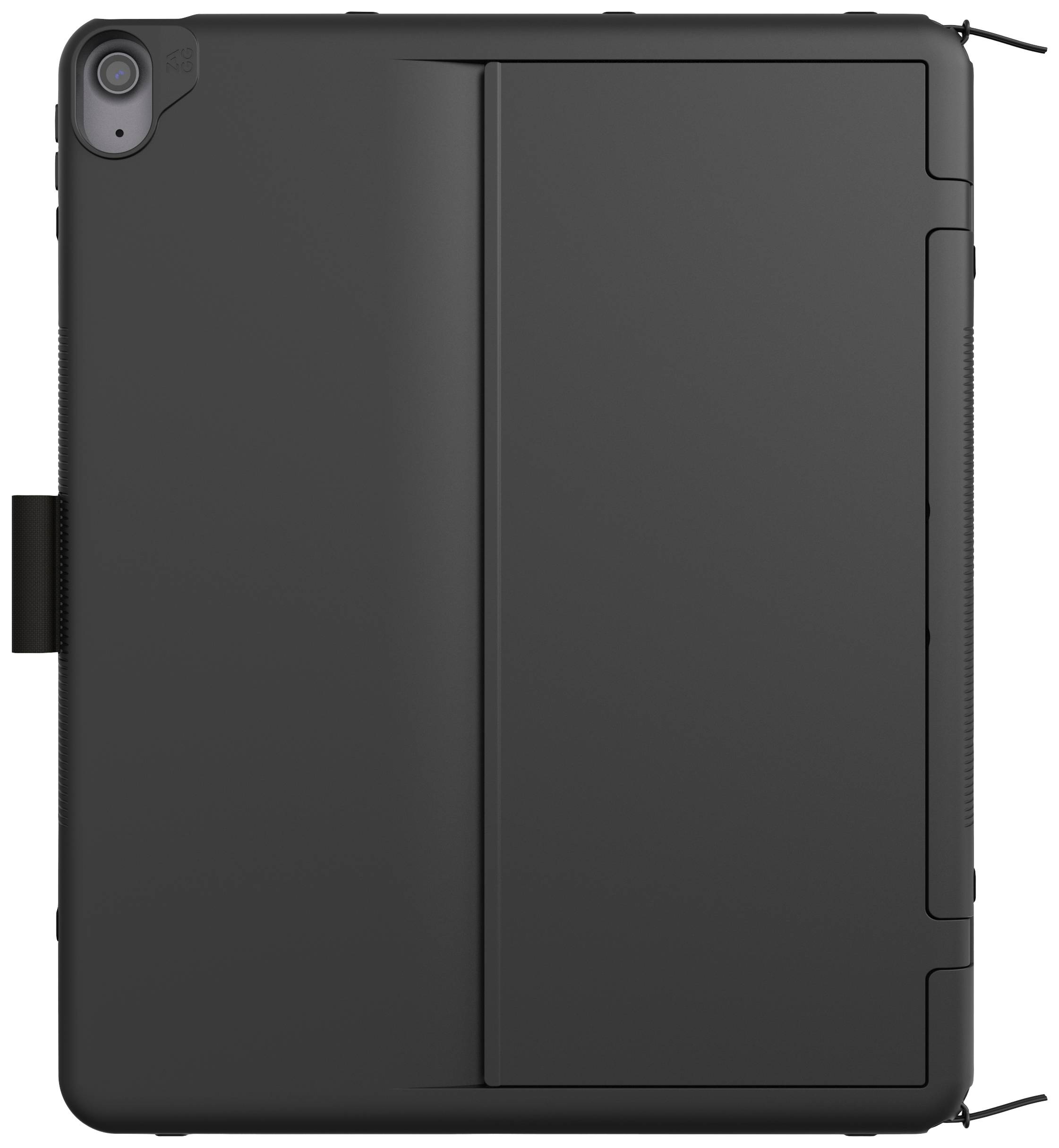 Schwarzes Tablet in Hülle, Rückansicht zeigt Kameraausschnitt und Ständerfuge, minimalistisch und funktional gestaltet.