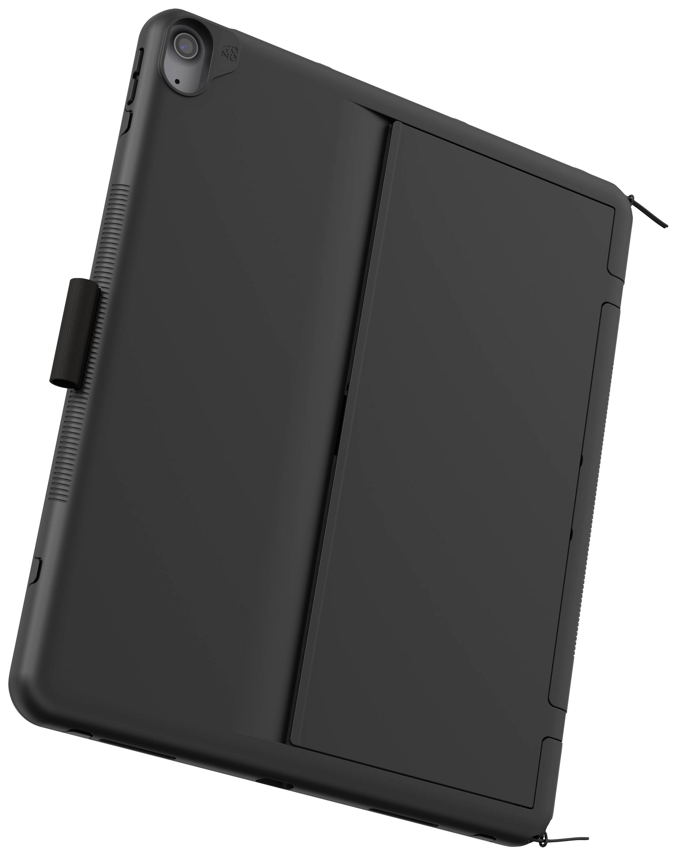 Schwarzes Tablet mit Hülle, schräg von hinten gezeigt. Kamera oben links sichtbar. Kante mit Halterung auf der linken Seite.