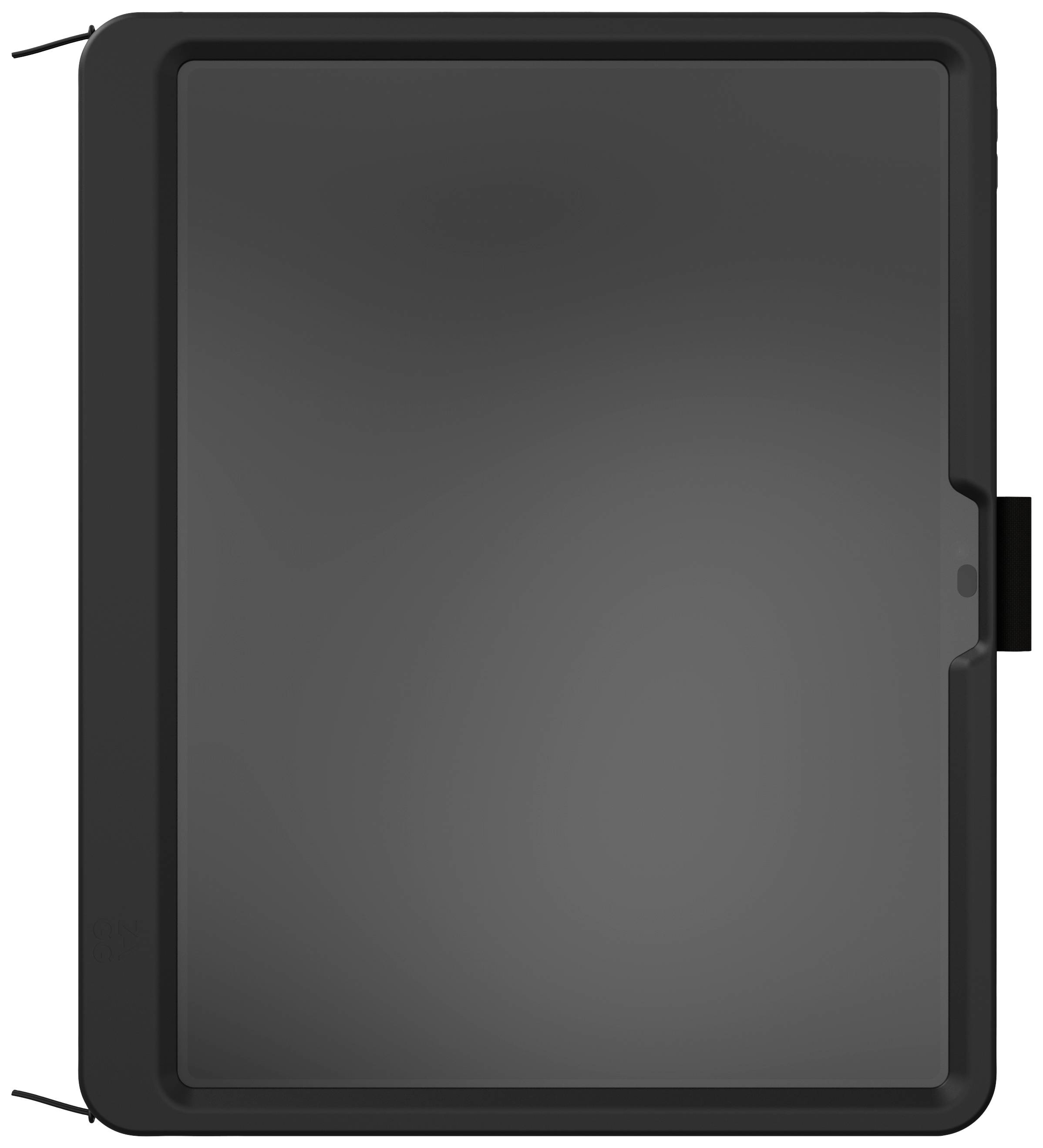 Ein schwarzes leeres Display, möglicherweise ein Tablet oder Bildschirm, mit schmalem Rahmen und mittiger Einkerbung am oberen Rand.