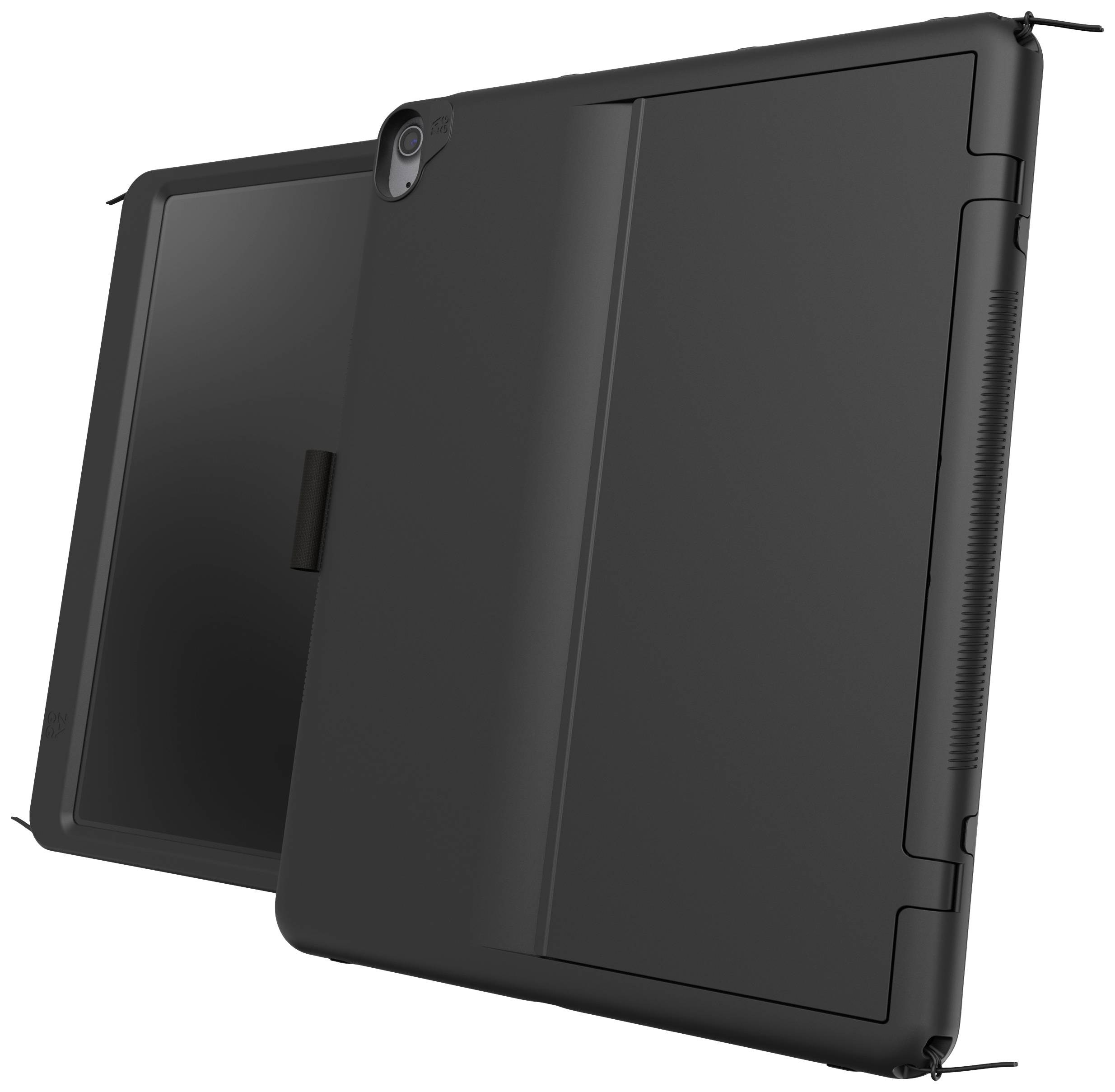 Zwei schwarze Tablet-Schutzhüllen, eine zeigt die Vorderseite, die andere die Rückseite. Modelle mit Kameraaussparungen.