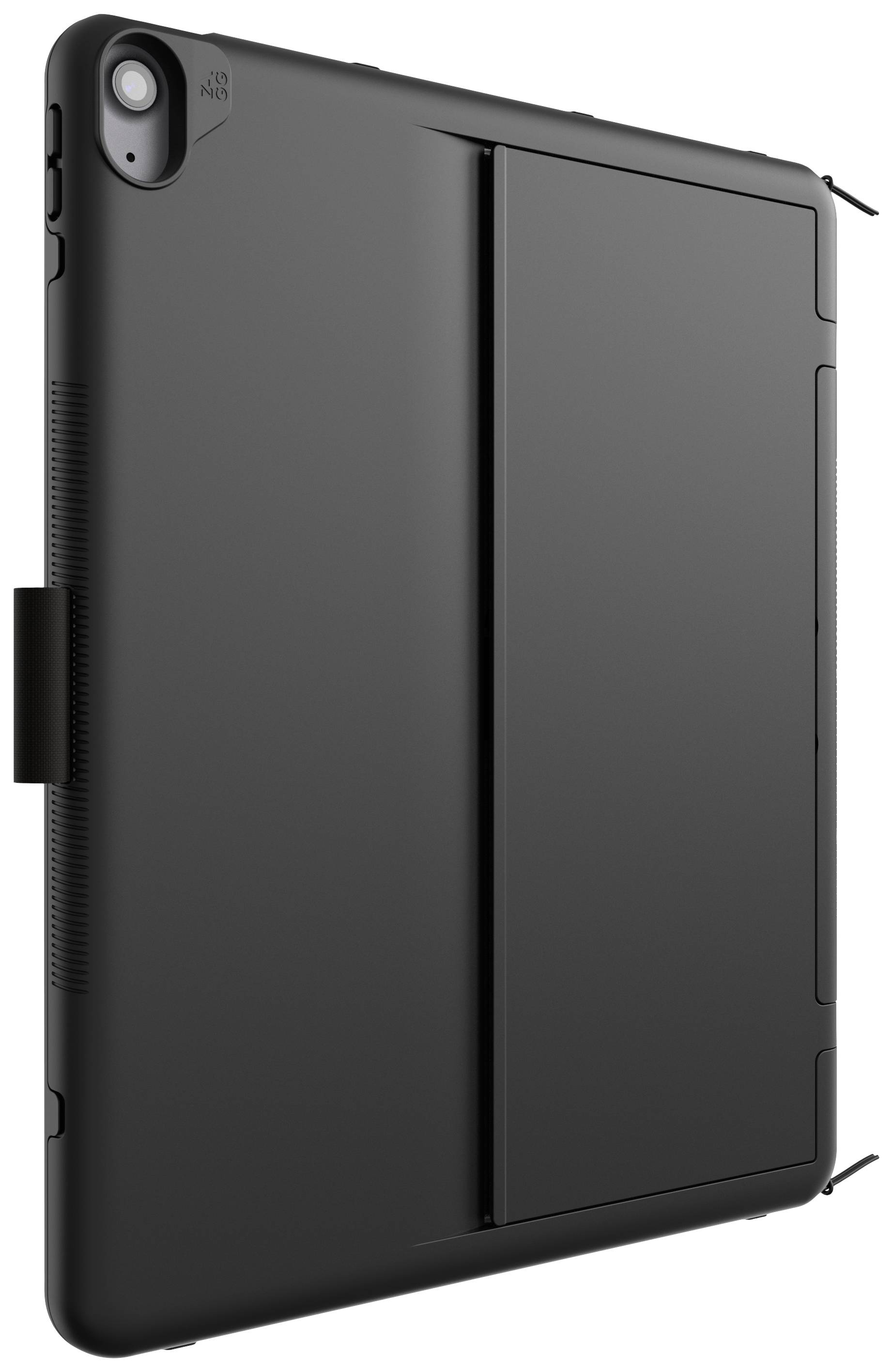 Schwarzes Tablet mit schützendem Gehäuse, abgerundeten Kanten und Kamera in der Ecke, vertikal ausgerichtet.