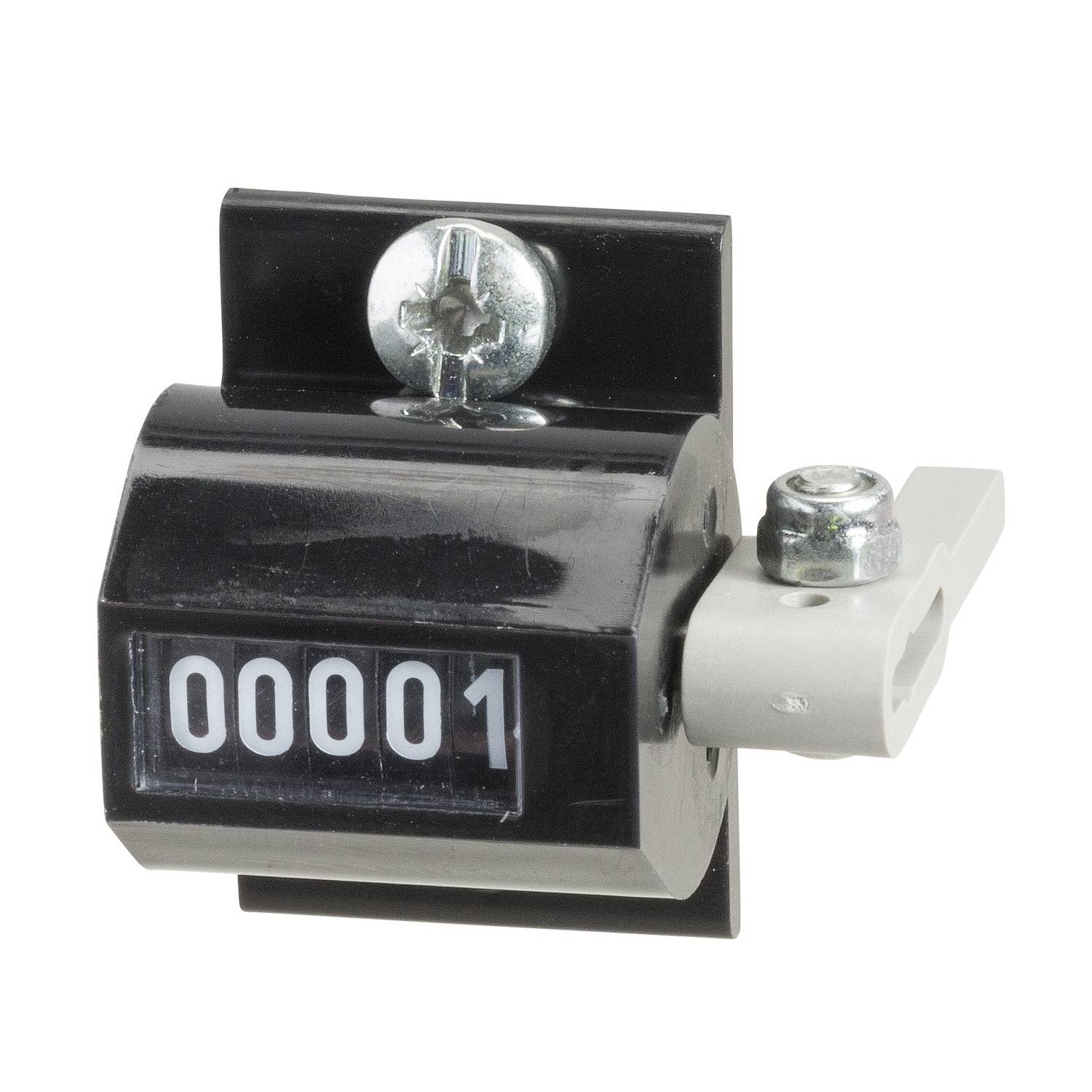 Ein schwarzer mechanischer Zähler mit der Nummer 00001 auf der Anzeige, montiert an einer Metallbasis mit Schraubbefestigung.